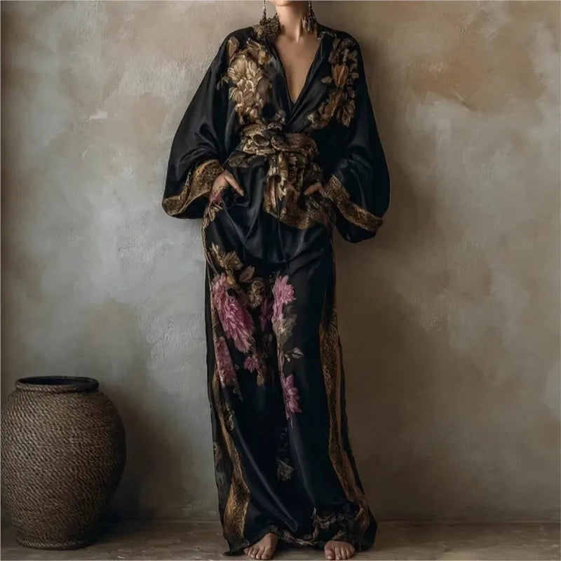 Elise™ | Elegante Tweedelige Set met Vintage Print en Wijde Broek