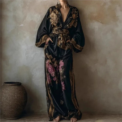 Elise™ | Elegante Tweedelige Set met Vintage Print en Wijde Broek