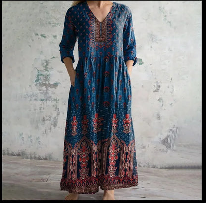 Elegante Maxi Jurk met V-Hals, Print en Lange Mouwen