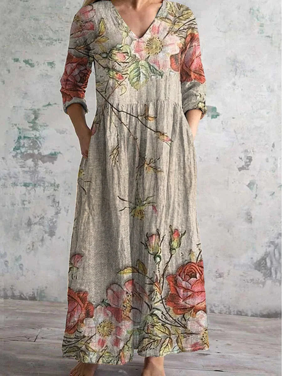 Elegante Maxi Jurk met V-Hals, Print en Lange Mouwen