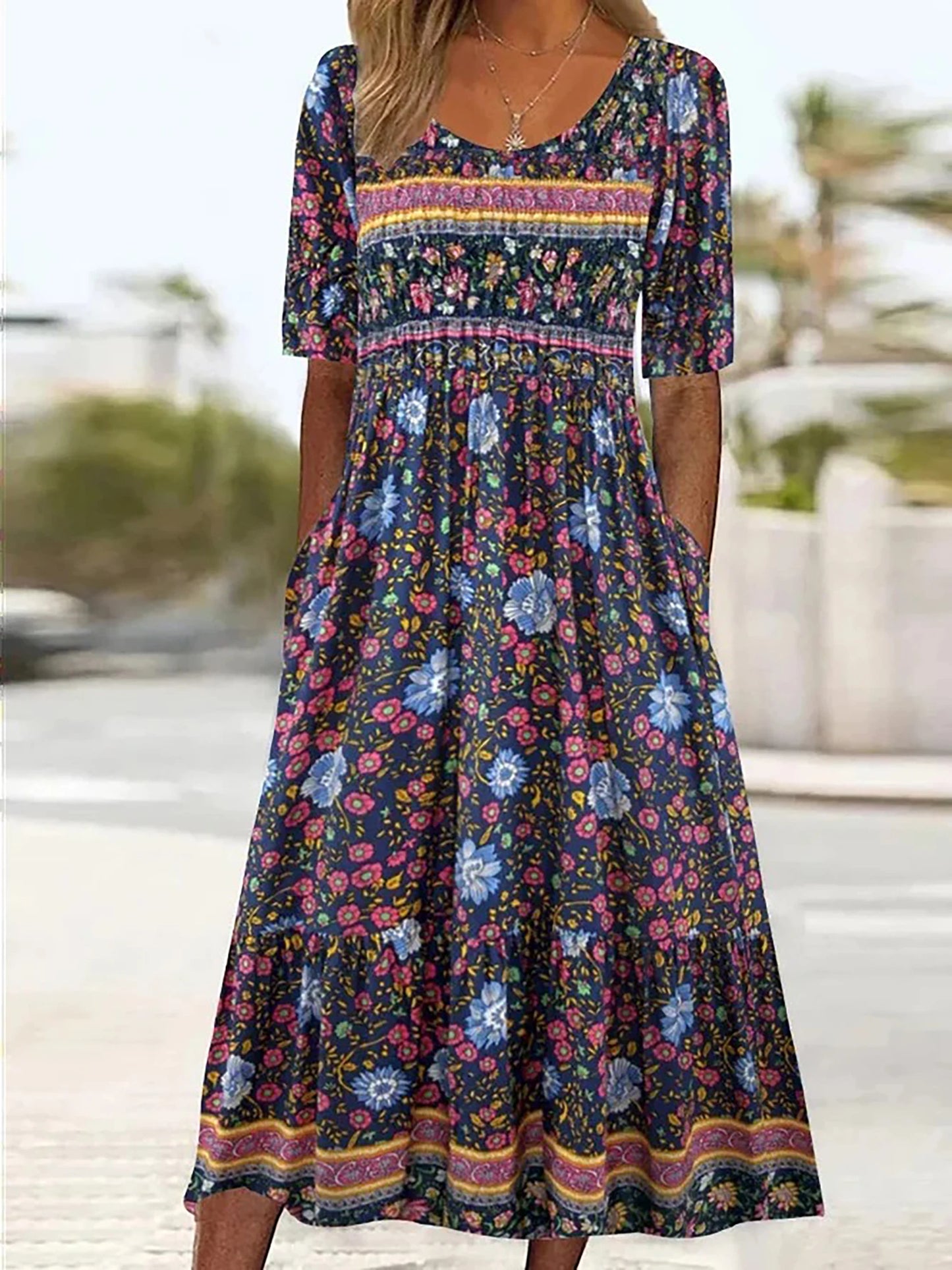 Bohemian Zomerjurk met Print en Korte Mouwen
