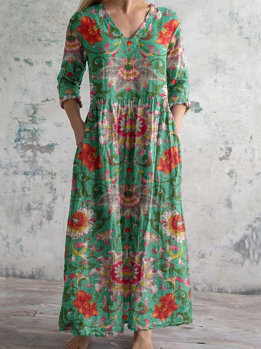 Elegante Maxi Jurk met V-Hals, Print en Lange Mouwen