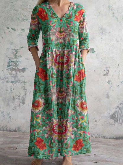 Elegante Maxi Jurk met V-Hals, Print en Lange Mouwen