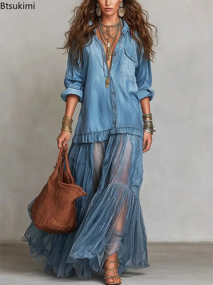 Elegante Denim Maxi-Jurk met Organza Zoom en Tailleceintuur