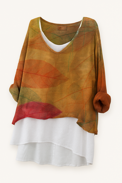 Tierne - Casual T-shirt van katoen en linnen met bladprint en V-halslijn