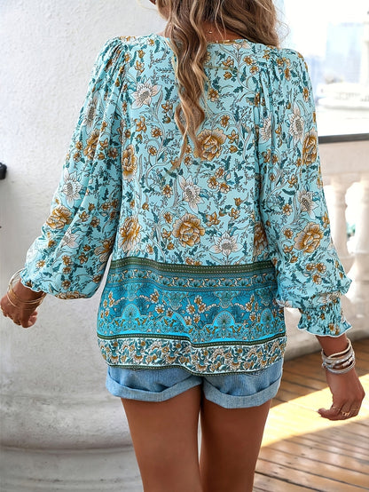 V-Hals Bloemenprint Blouse - Met Strik Voorzijde & Lange Mouwen