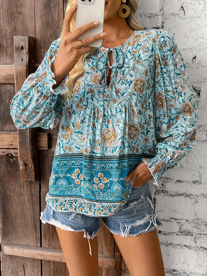 V-Hals Bloemenprint Blouse - Met Strik Voorzijde & Lange Mouwen