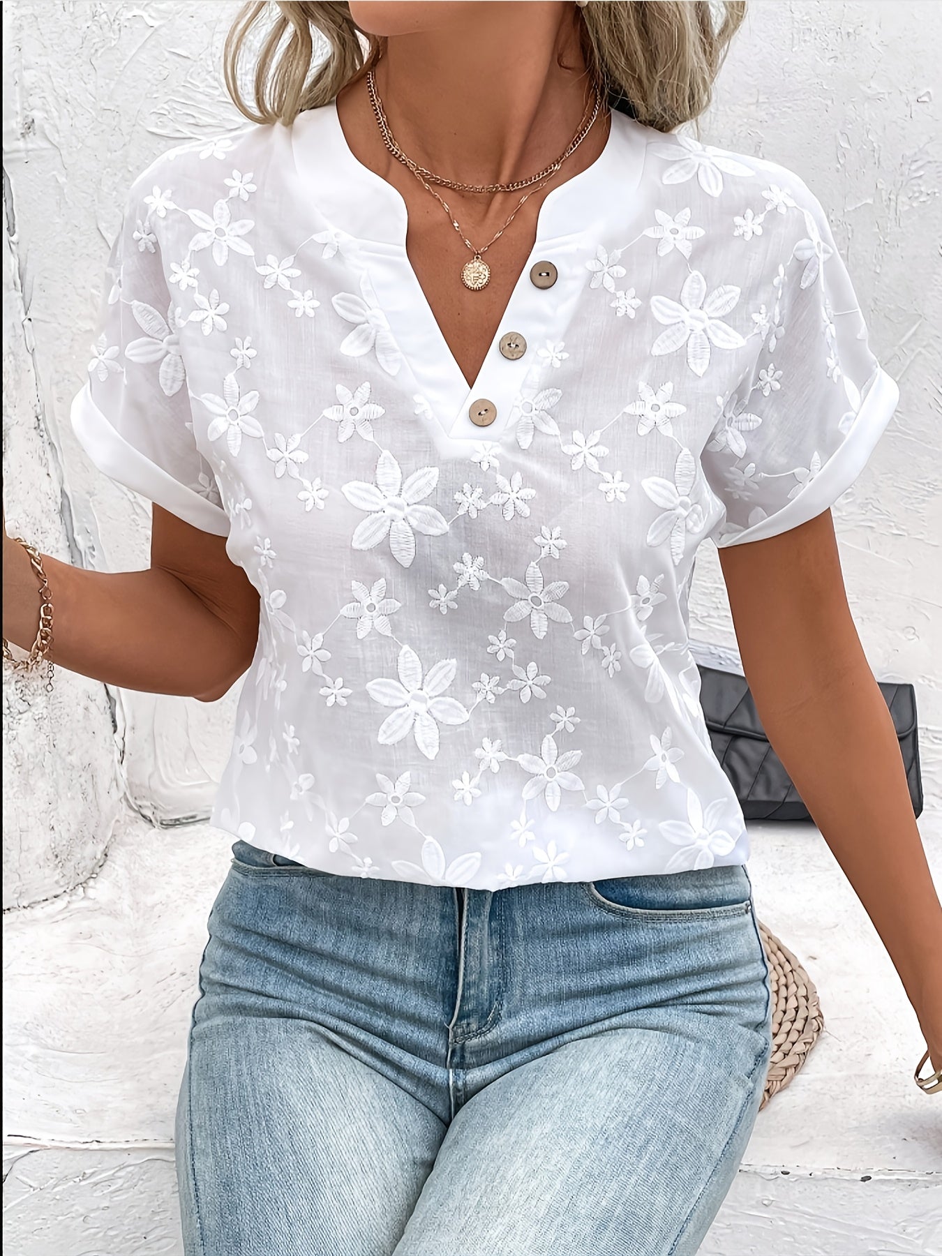 V-Hals Blouse - Bloem Motief Batwing Mouwen & Halfdoorzichtig Stof