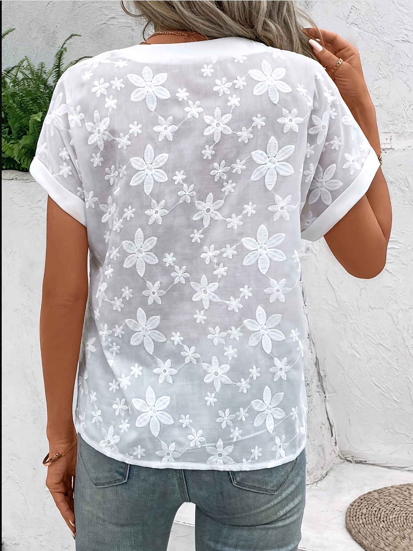 V-Hals Blouse - Bloem Motief Batwing Mouwen & Halfdoorzichtig Stof