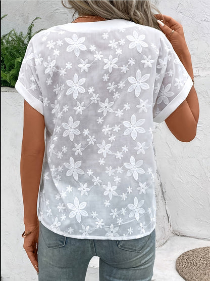 V-Hals Blouse - Bloem Motief Batwing Mouwen & Halfdoorzichtig Stof