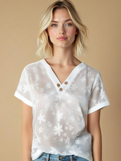 V-Hals Blouse - Bloem Motief Batwing Mouwen & Halfdoorzichtig Stof