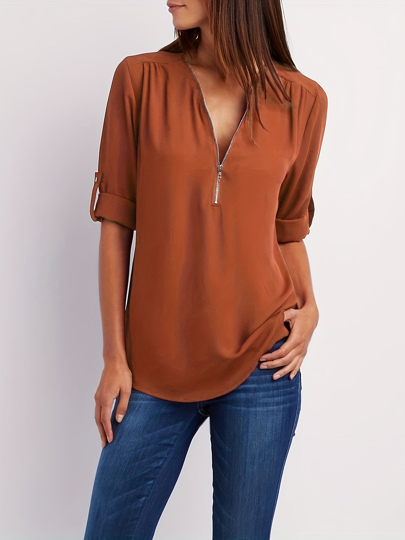 V-Hals Blouse - Oprolbare Mouwen & Halve Rits Detail