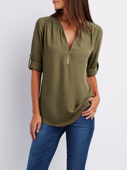 V-Hals Blouse - Oprolbare Mouwen & Halve Rits Detail