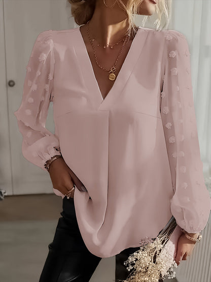 V-Hals Blouse - Stippeltextuur en Lantaenmouwen Design