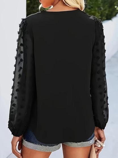 V-Hals Blouse - Stippeltextuur en Lantaenmouwen Design