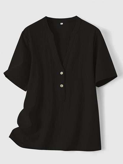 V-Hals Korte Mouwen Blouse - Katoen & Knopdetail