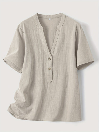 V-Hals Korte Mouwen Blouse - Katoen & Knopdetail