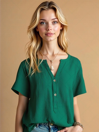 V-Hals Korte Mouwen Blouse - Katoen & Knopdetail