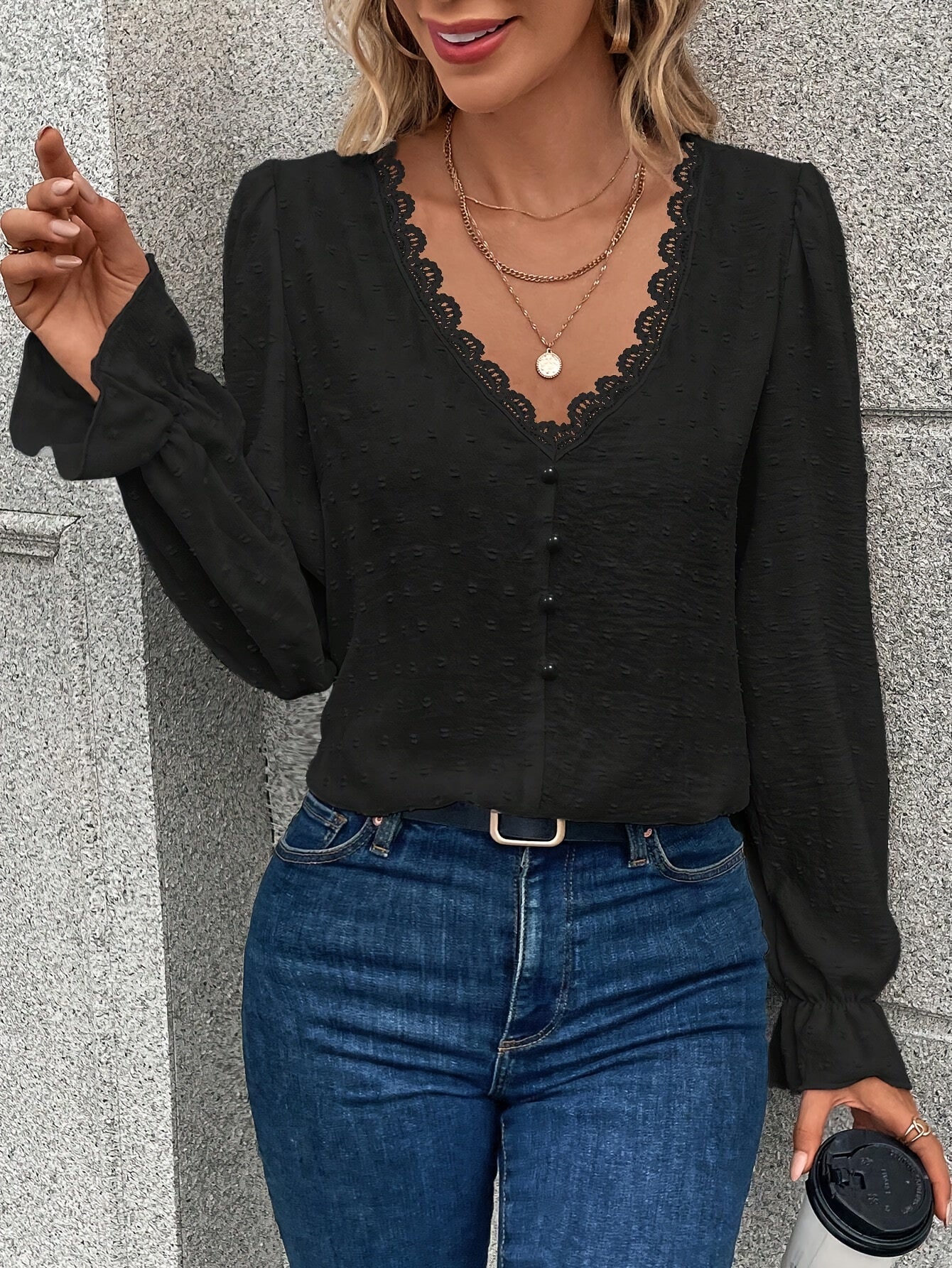 V-Hals Lange Mouwen Blouse - Kant Kraag en Lichtgewicht Stof