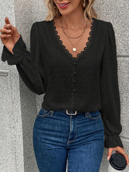V-Hals Lange Mouwen Blouse - Kant Kraag en Lichtgewicht Stof