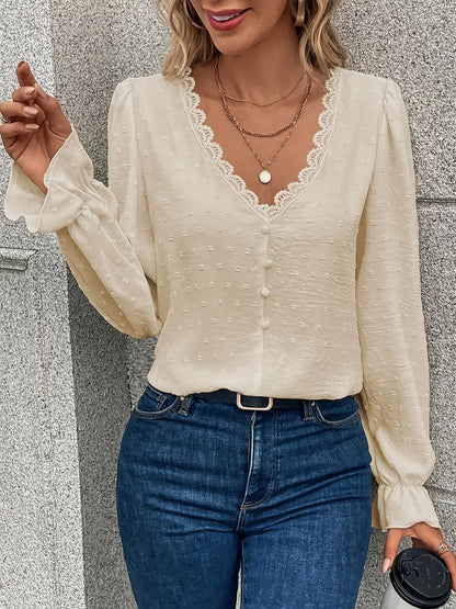 V-Hals Lange Mouwen Blouse - Kant Kraag en Lichtgewicht Stof