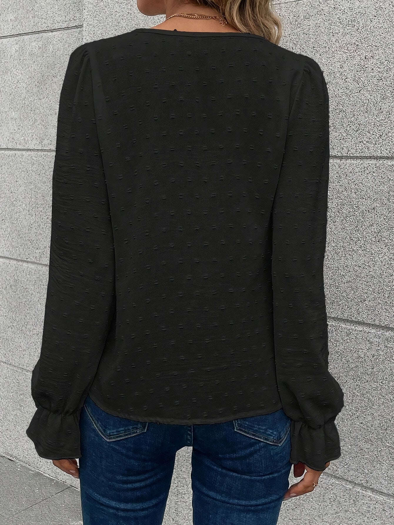 V-Hals Lange Mouwen Blouse - Kant Kraag en Lichtgewicht Stof