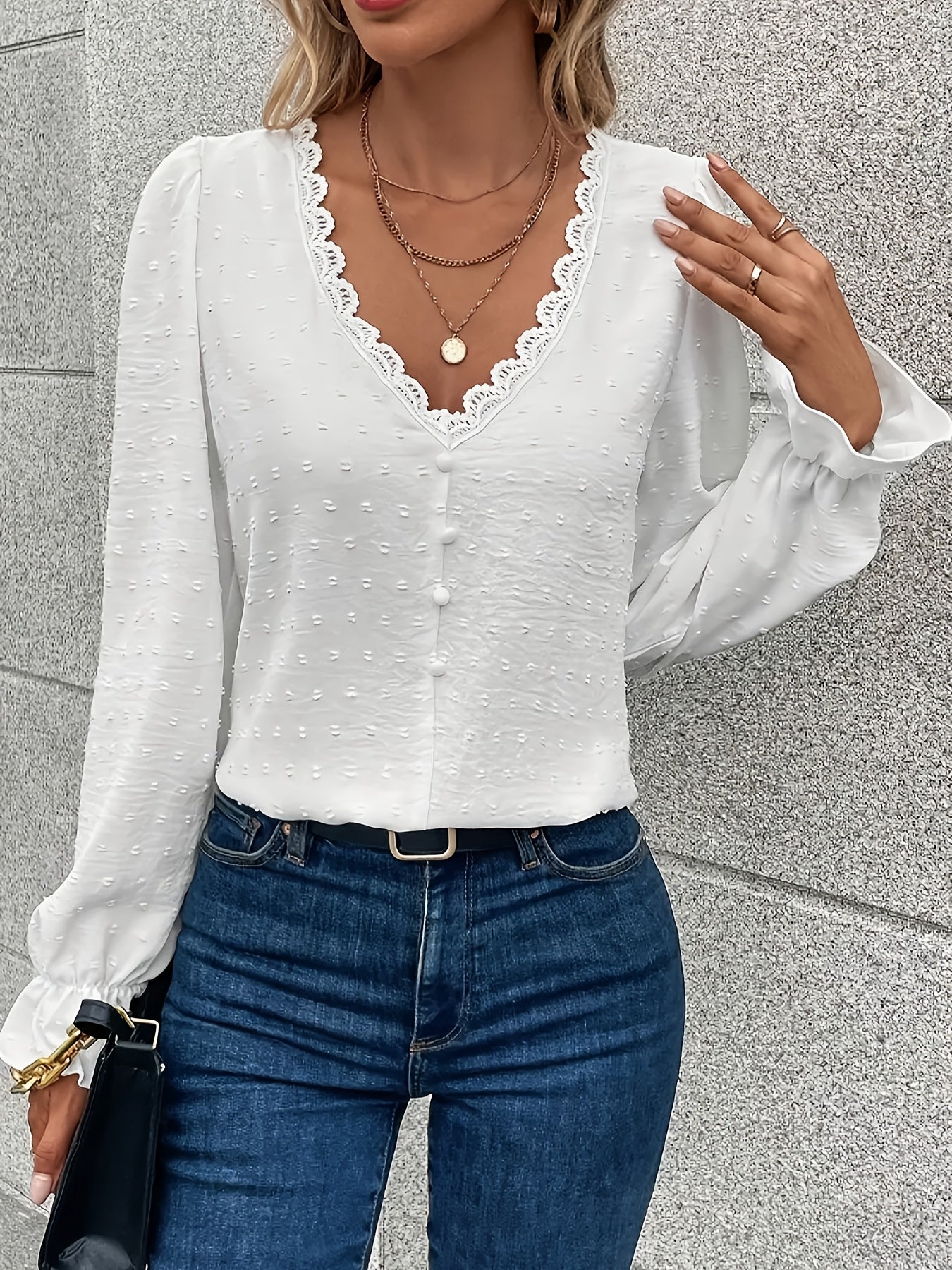 V-Hals Lange Mouwen Blouse - Kant Kraag en Lichtgewicht Stof