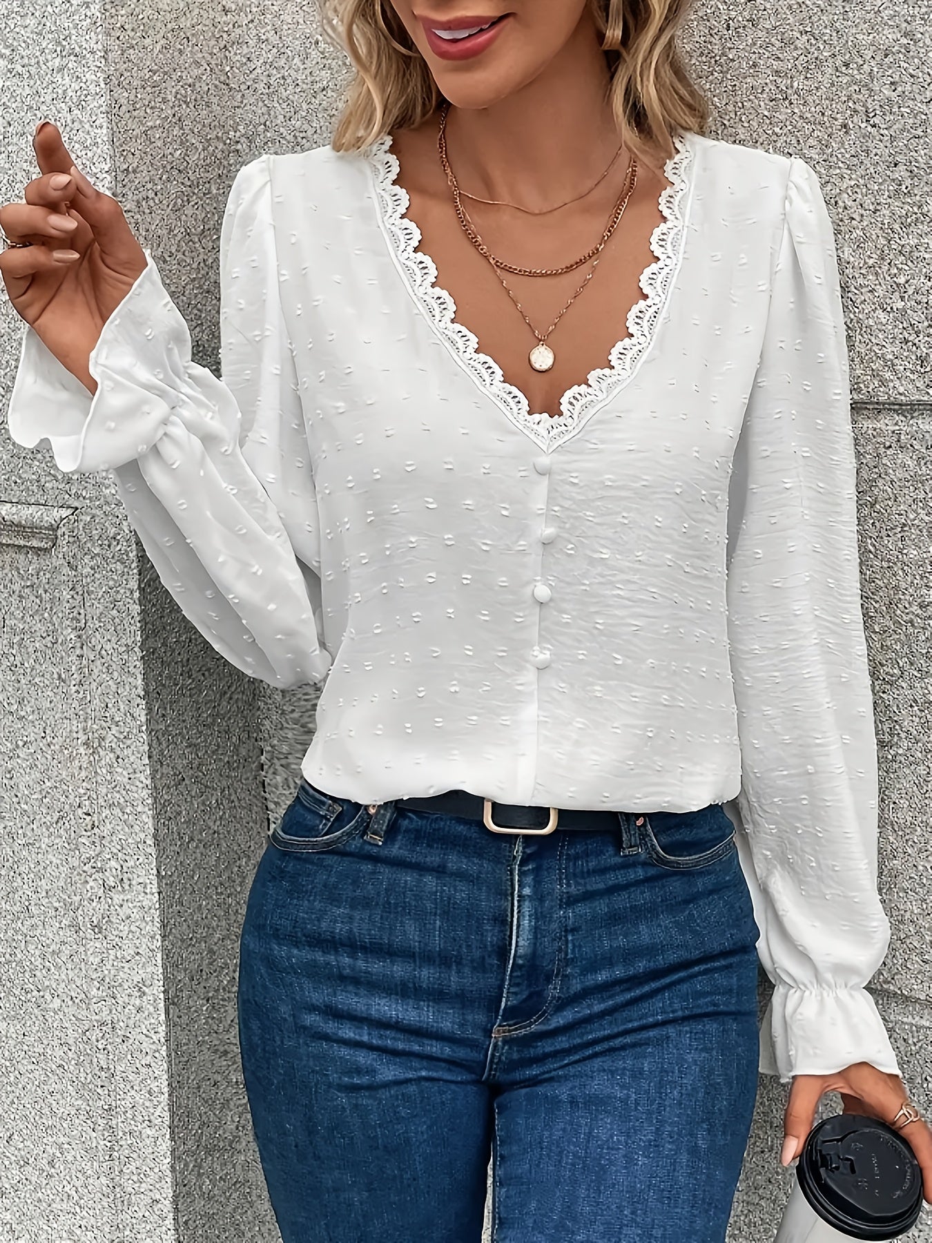 V-Hals Lange Mouwen Blouse - Kant Kraag en Lichtgewicht Stof