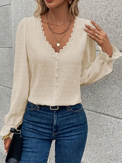 V-Hals Lange Mouwen Blouse - Kant Kraag en Lichtgewicht Stof