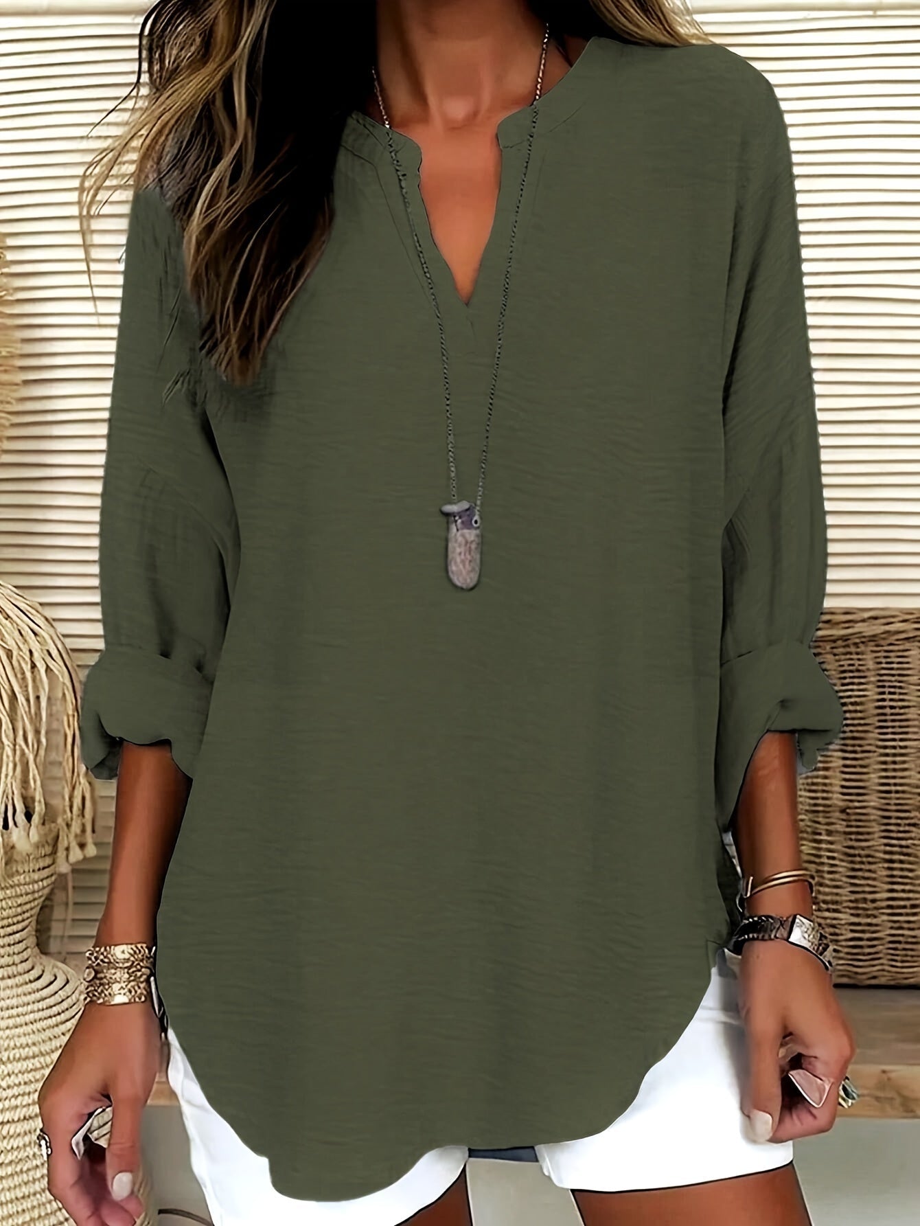 V-Hals Losse Fit Blouse - Lange Mouwen Ontwerp & Lichtgewicht Materiaal