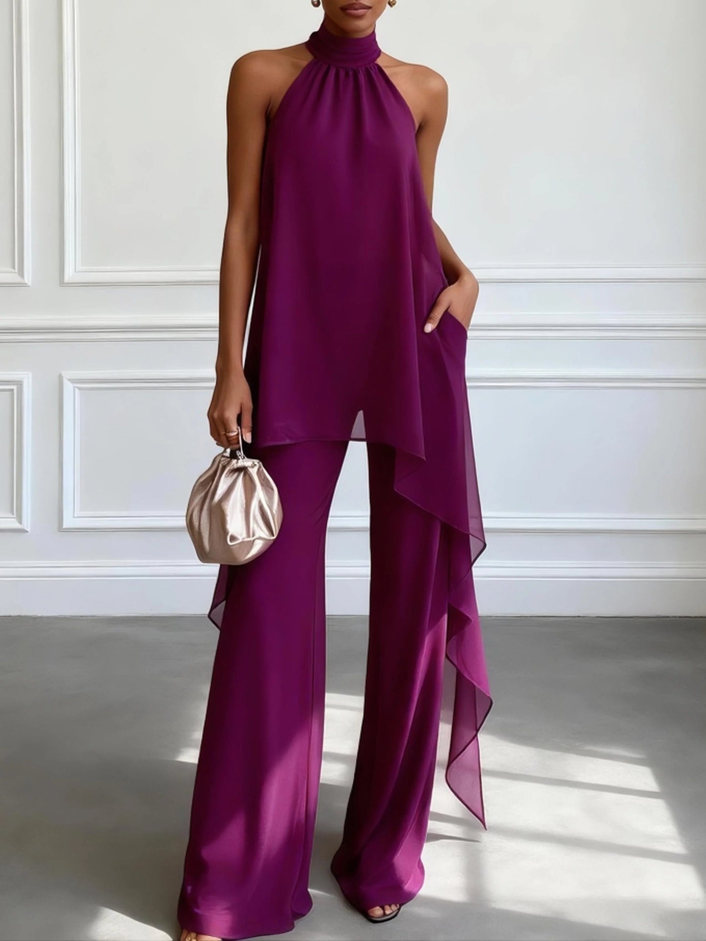 Bianca | Elegante Twee-delige Set Paars met Haltertop en Broek