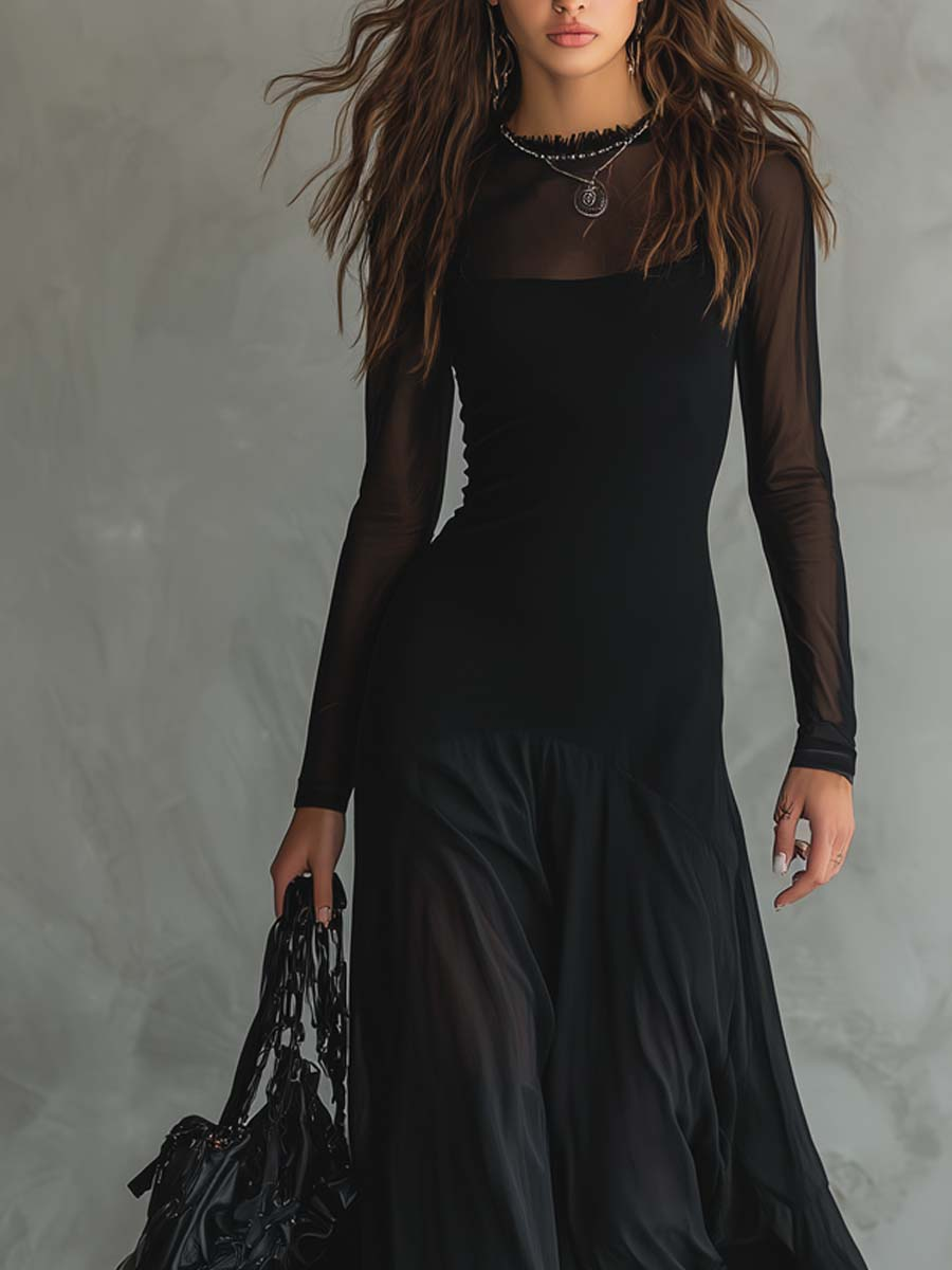 Maxi Loose-fit Jurk in Zwart Tulle