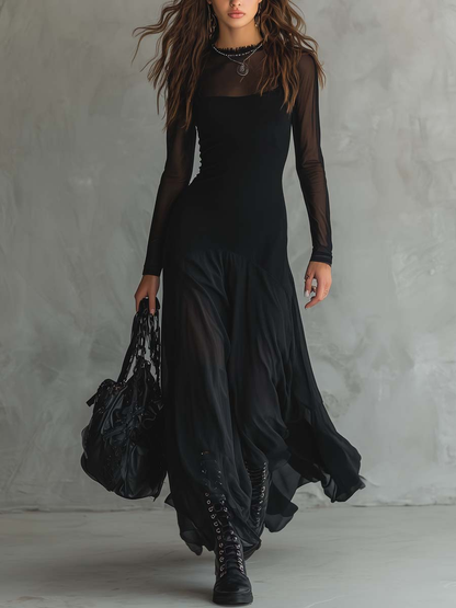 Maxi Loose-fit Jurk in Zwart Tulle