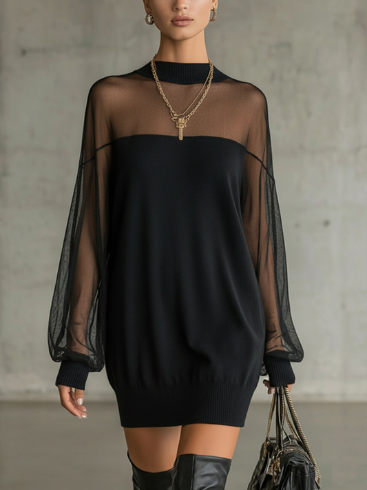 Amélie™ | Elegante Mini Jurk Zwart met Netmouwen