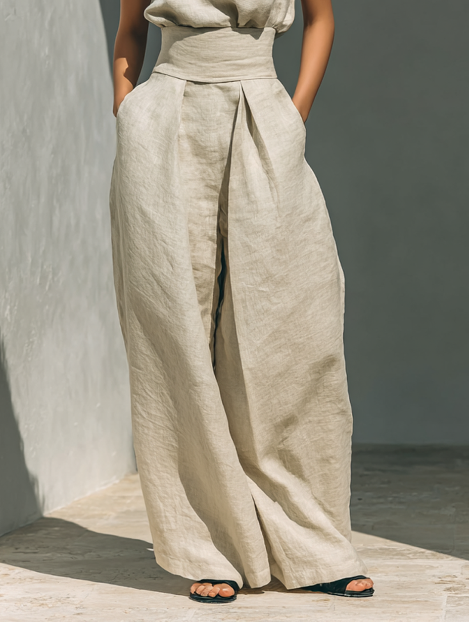 Aurora | Gouden Linnen Wijde-Broek Set