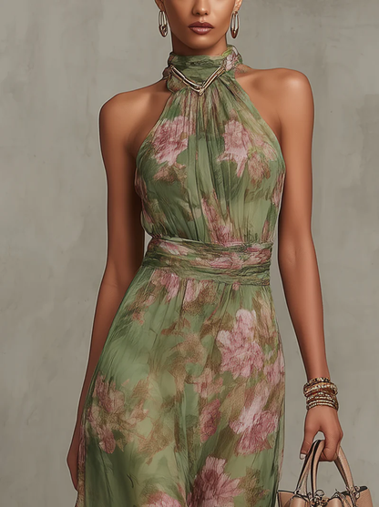 Serena ∙ Lange groene bloemenjurk van chiffon met een Amerikaanse halslijn