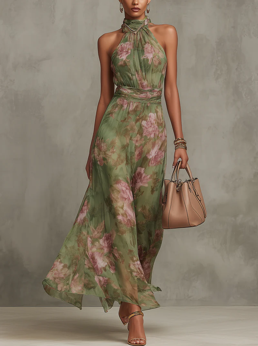 Serena ∙ Lange groene bloemenjurk van chiffon met een Amerikaanse halslijn