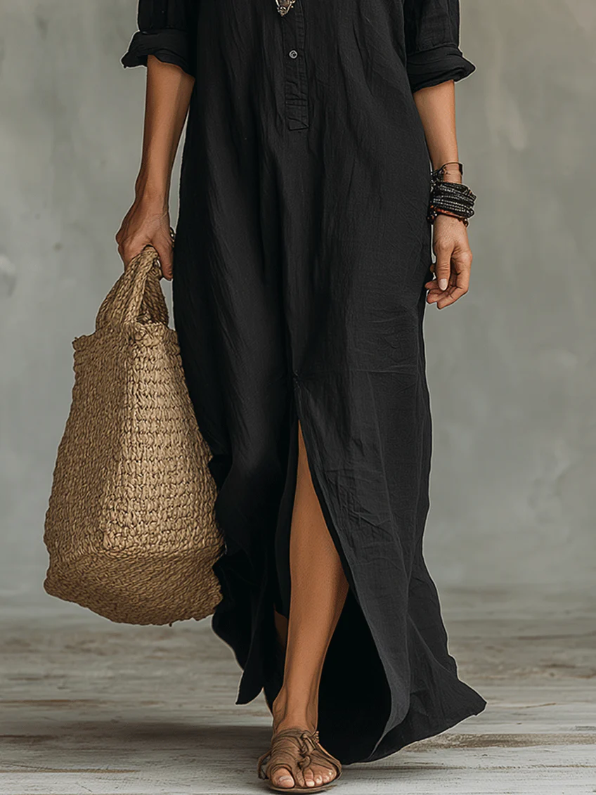 Soline™ | Maxi Zwart Lange Jurk met Knopen