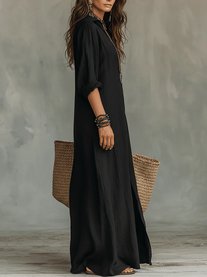 Soline™ | Maxi Zwart Lange Jurk met Knopen