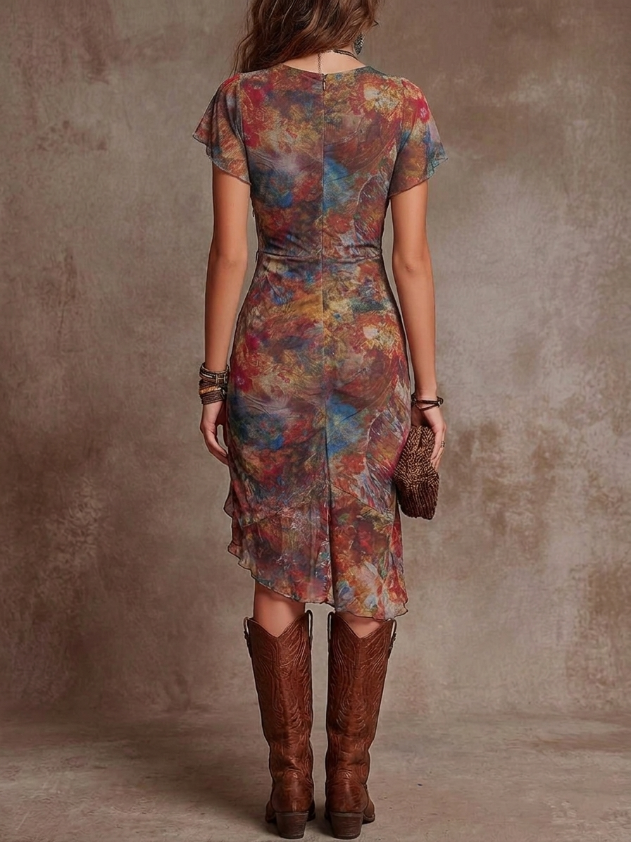 Martina - Midi plissé jurk met V-hals, met abstracte artistieke print in bohemian stijl