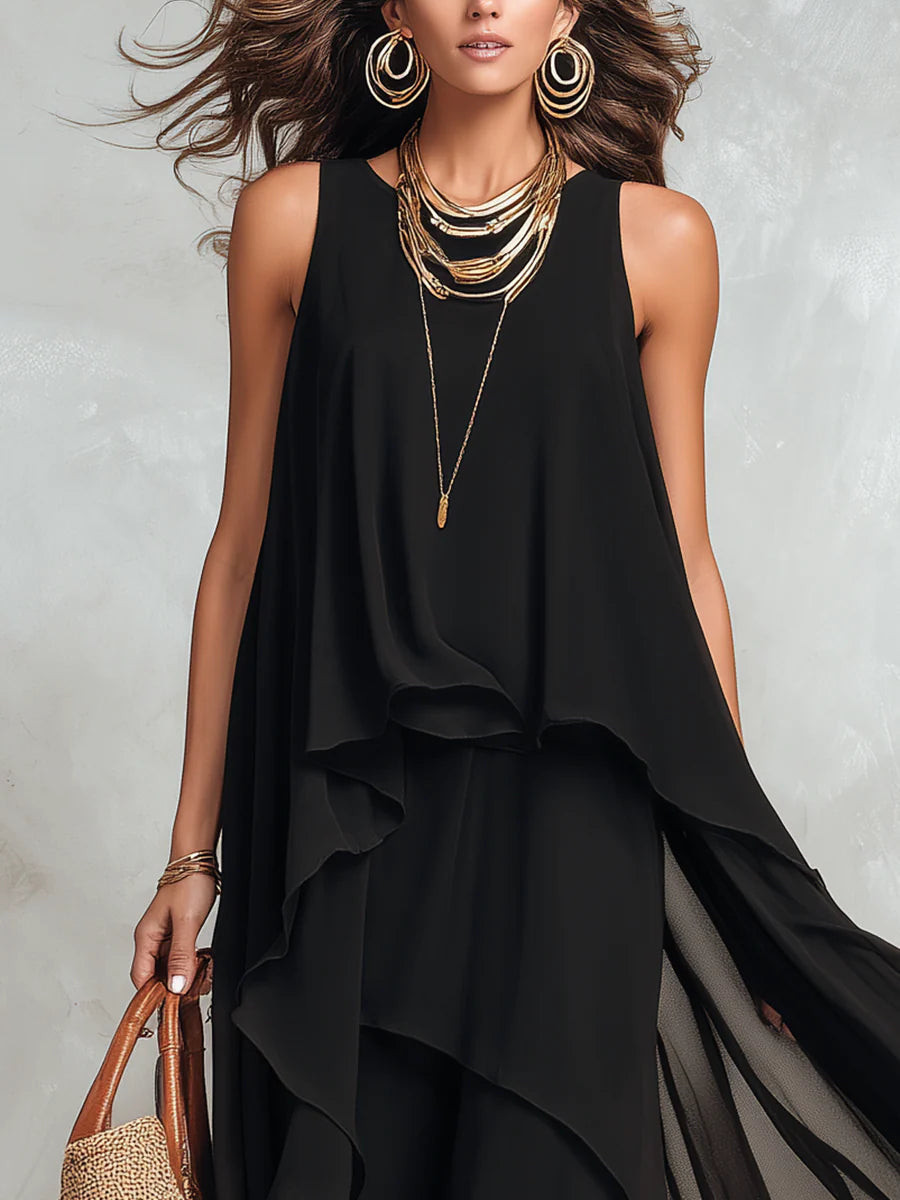 Zwarte Chiffon Laagjes Ronde Hals Mouwloze Maxi Jurk