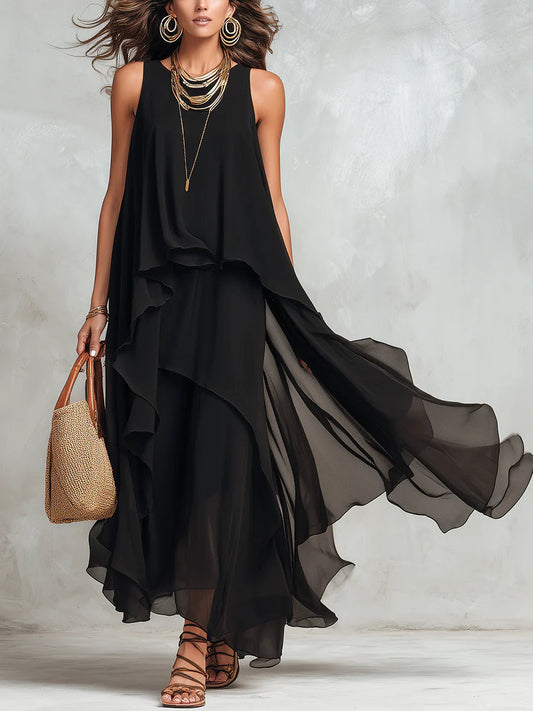 Zwarte Chiffon Laagjes Ronde Hals Mouwloze Maxi Jurk