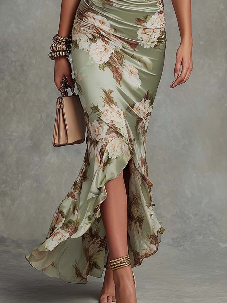 Anastasia™ | Lange satijnen jurk met bloemenprint