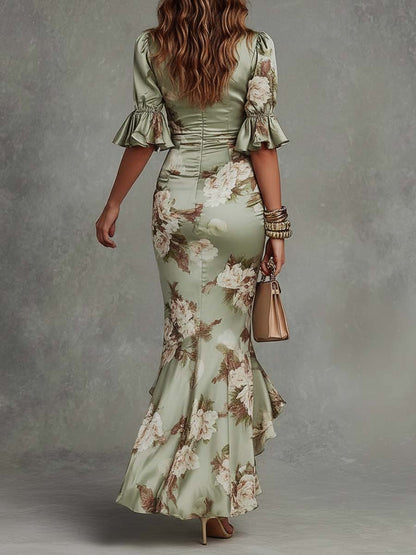 Anastasia™ | Lange satijnen jurk met bloemenprint