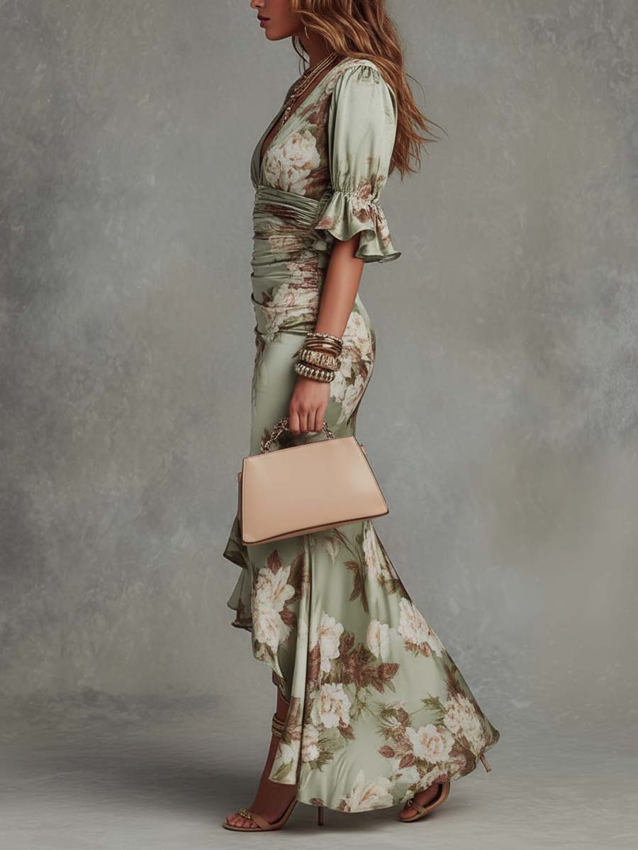 Anastasia™ | Lange satijnen jurk met bloemenprint