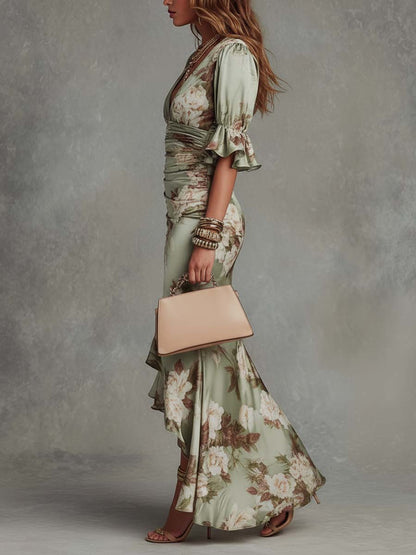 Anastasia™ | Lange satijnen jurk met bloemenprint