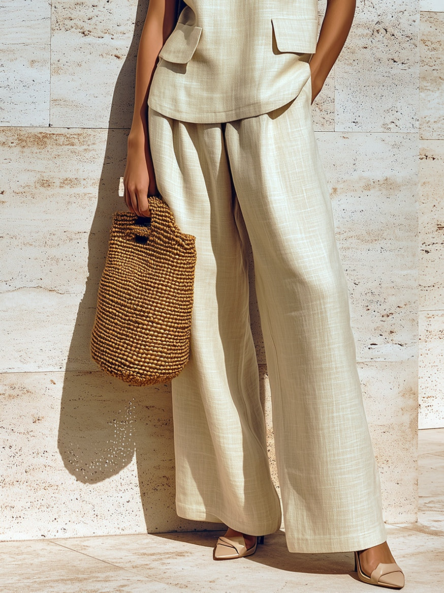 Tyler | Beige V-hals Mouwloos Los Vest En Wijde Broek Twee-delige Set