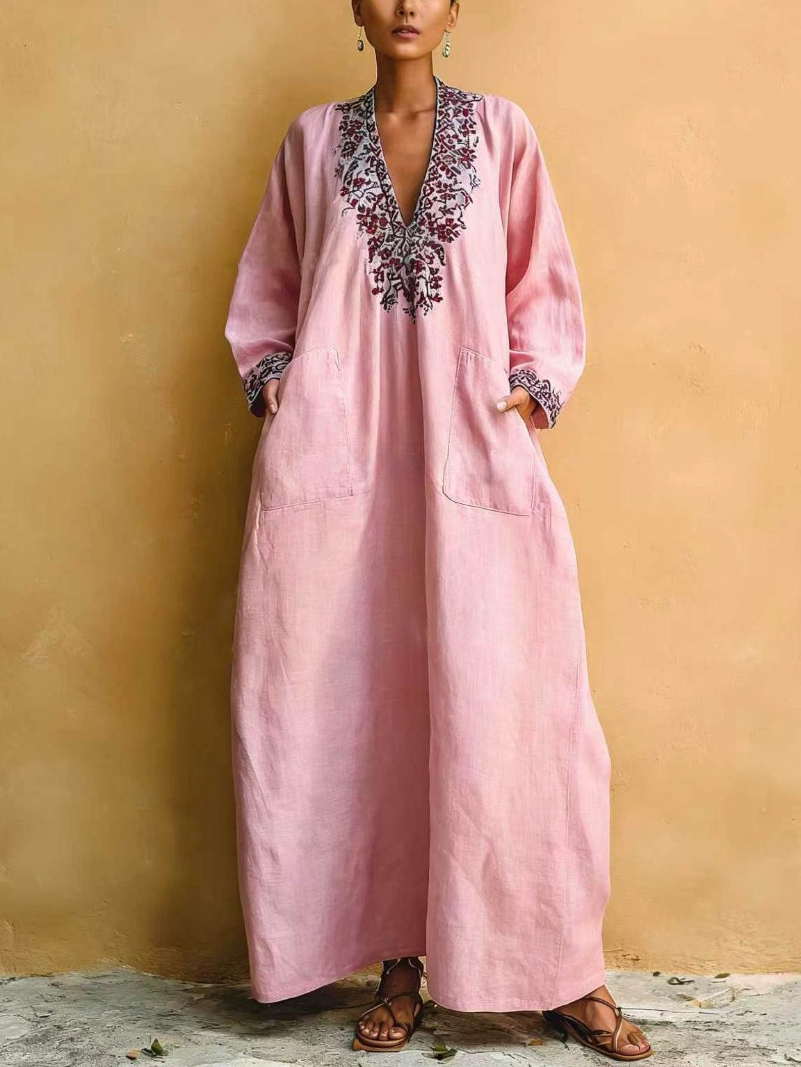 Roze | Bella Mediterranea Bloemen V-Hals Maxi Jurk