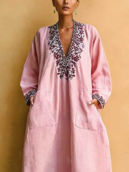 Roze | Bella Mediterranea Bloemen V-Hals Maxi Jurk