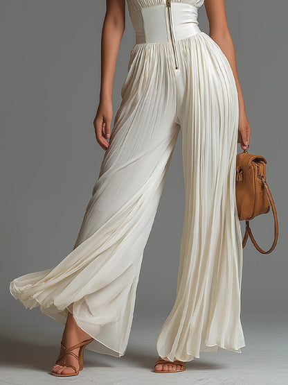 Graziella | Witte Chiffon Jumpsuit met V-hals en Plissé Lange Benen